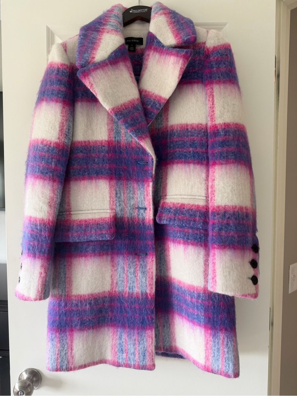 Halogen Pink, Purple & Cream Plaid Wool-Blend Pea Coat